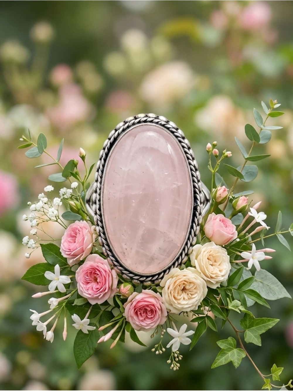 Rose Quartz Statement Ring | Sterling Silver Overlay | Boho Vintage Style Size 9 - Picture 2 of 5